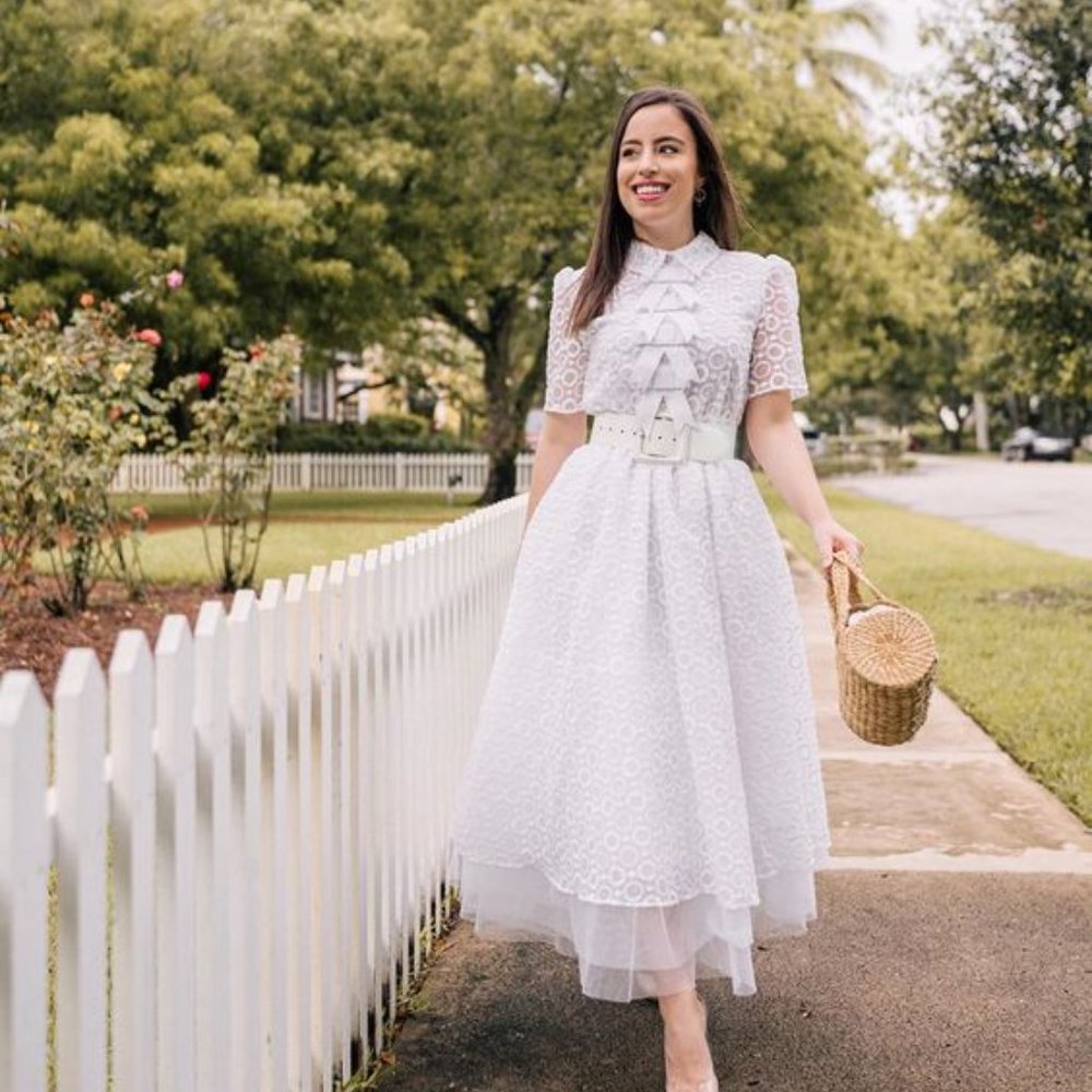 Halogen x Atlantic Pacific Embroidered White Bow Midi Dress Sz 8 vintage wedding